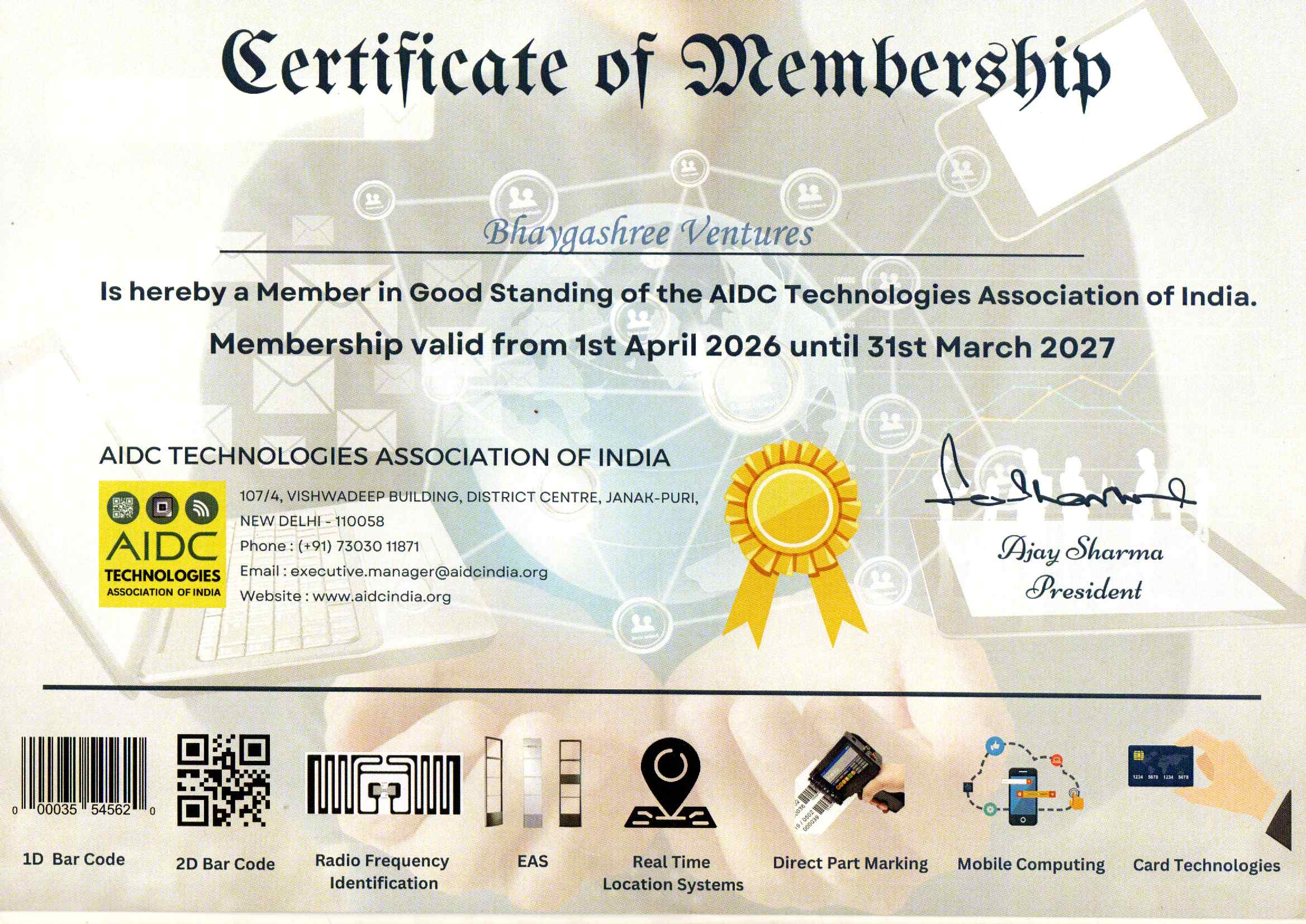 Bhagyashree Ventures AIDC Technologies Association of India membership certificate valid April 2026 to March 2027